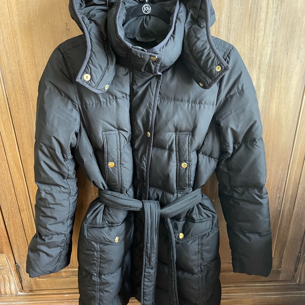 J. Crew Black Puffer Jacket coat trench belted medium M